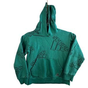 Adidas Kids All-Over Logo Print Hoodie Sweatshirt Green Sporty Casual Size 8‎